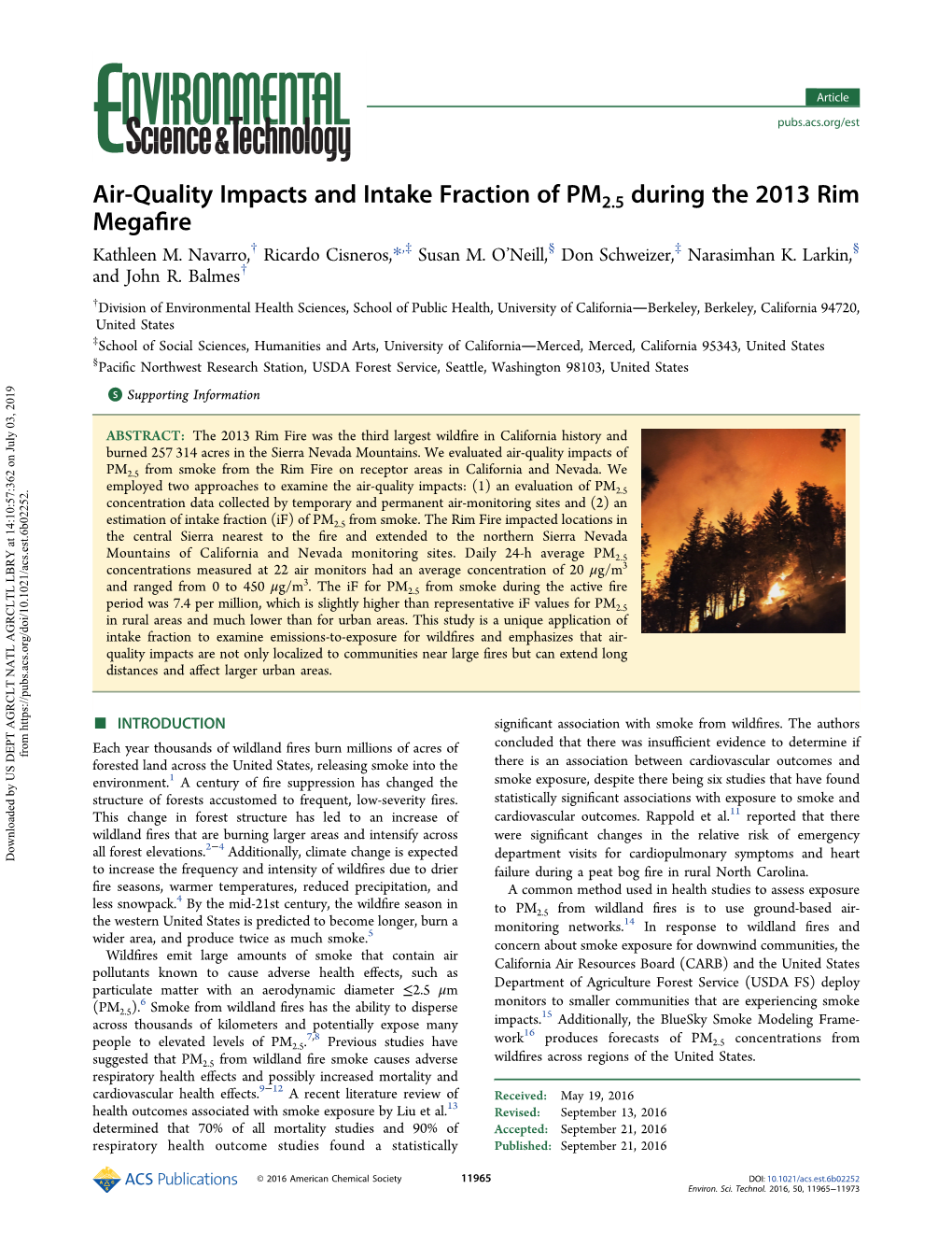 Air-Quality Impacts and Intake Fraction of PM2.5 During the 2013 Rim Megafire