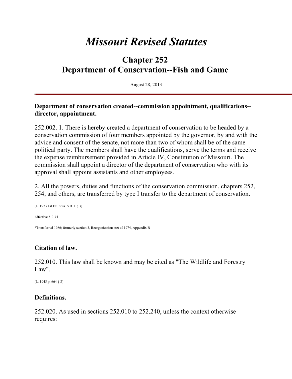 Missouri Revised Statutes Chapter 252 Department of Conservation--Fish and Game