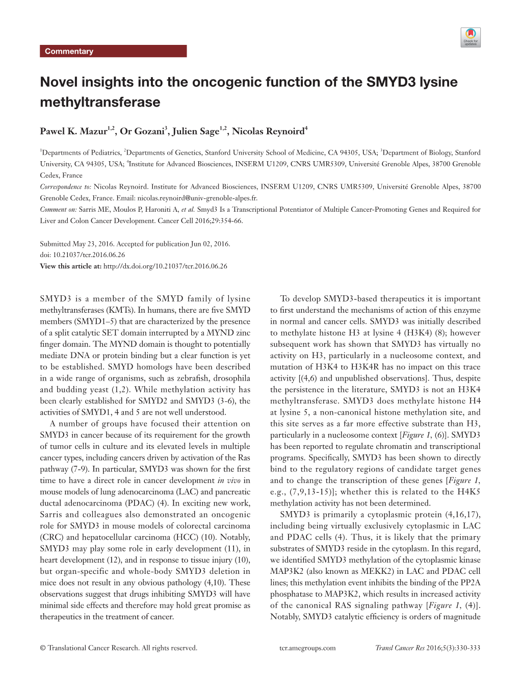 Novel Insights Into the Oncogenic Function of the SMYD3 Lysine Methyltransferase