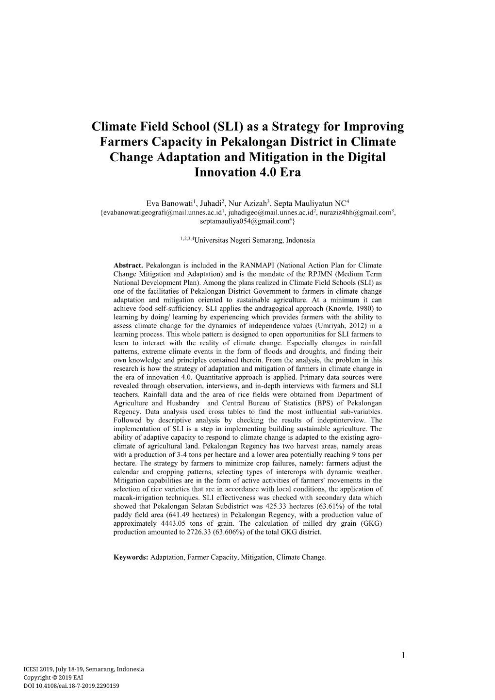 (SLI) As a Strategy for Improving Farmers Capacity in Pekalongan District in Climate Change Adaptation and Mitigation in the Digital Innovation 4.0 Era