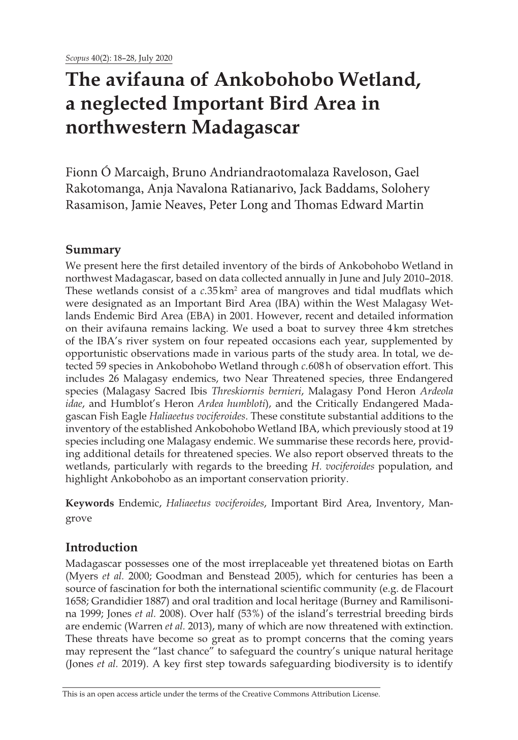 The Avifauna of Ankobohobo Wetland, a Neglected Important Bird Area in Northwestern Madagascar