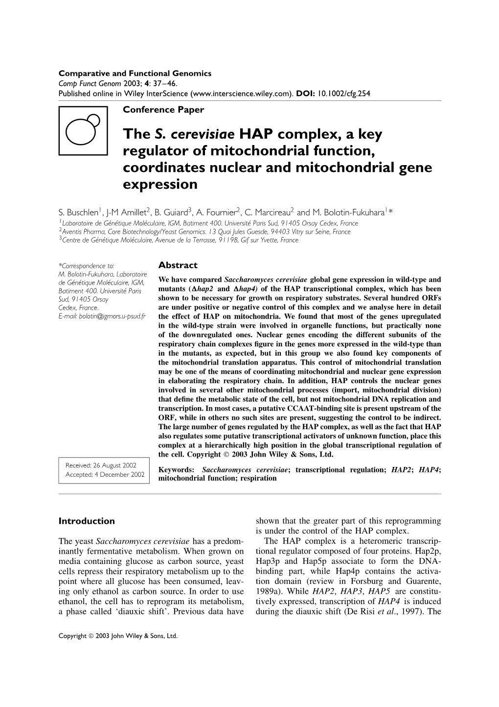 The S. Cerevisiae HAP Complex, a Key Regulator of Mitochondrial Function, Coordinates Nuclear and Mitochondrial Gene Expression