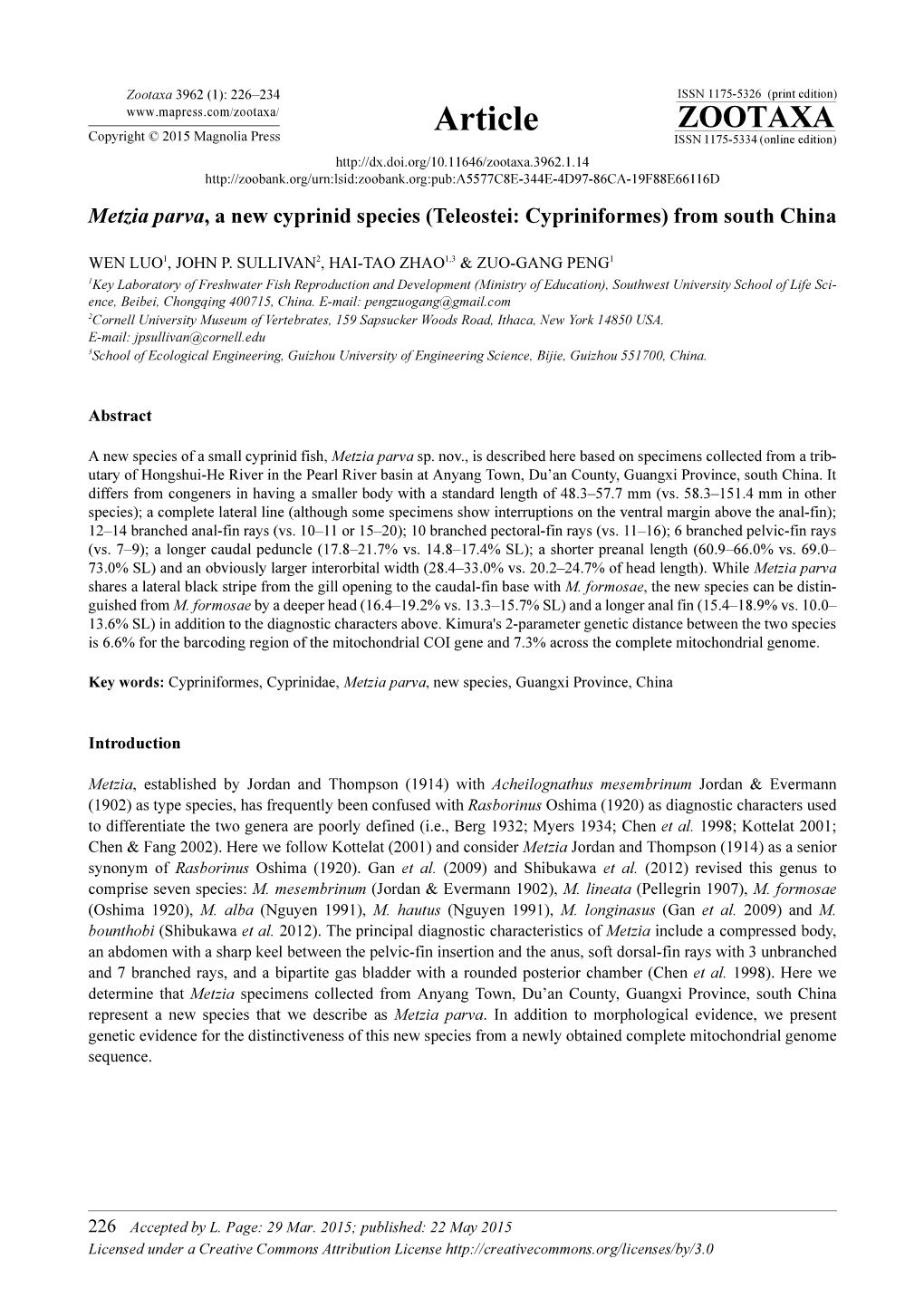 Metzia Parva, a New Cyprinid Species (Teleostei: Cypriniformes) from South China