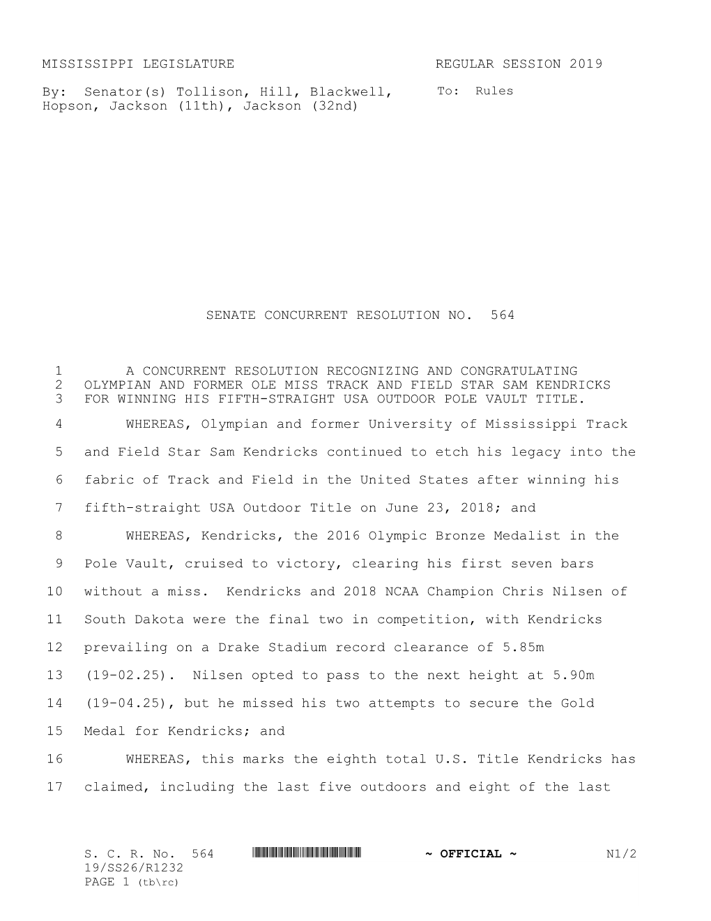 MISSISSIPPI LEGISLATURE REGULAR SESSION 2019 By