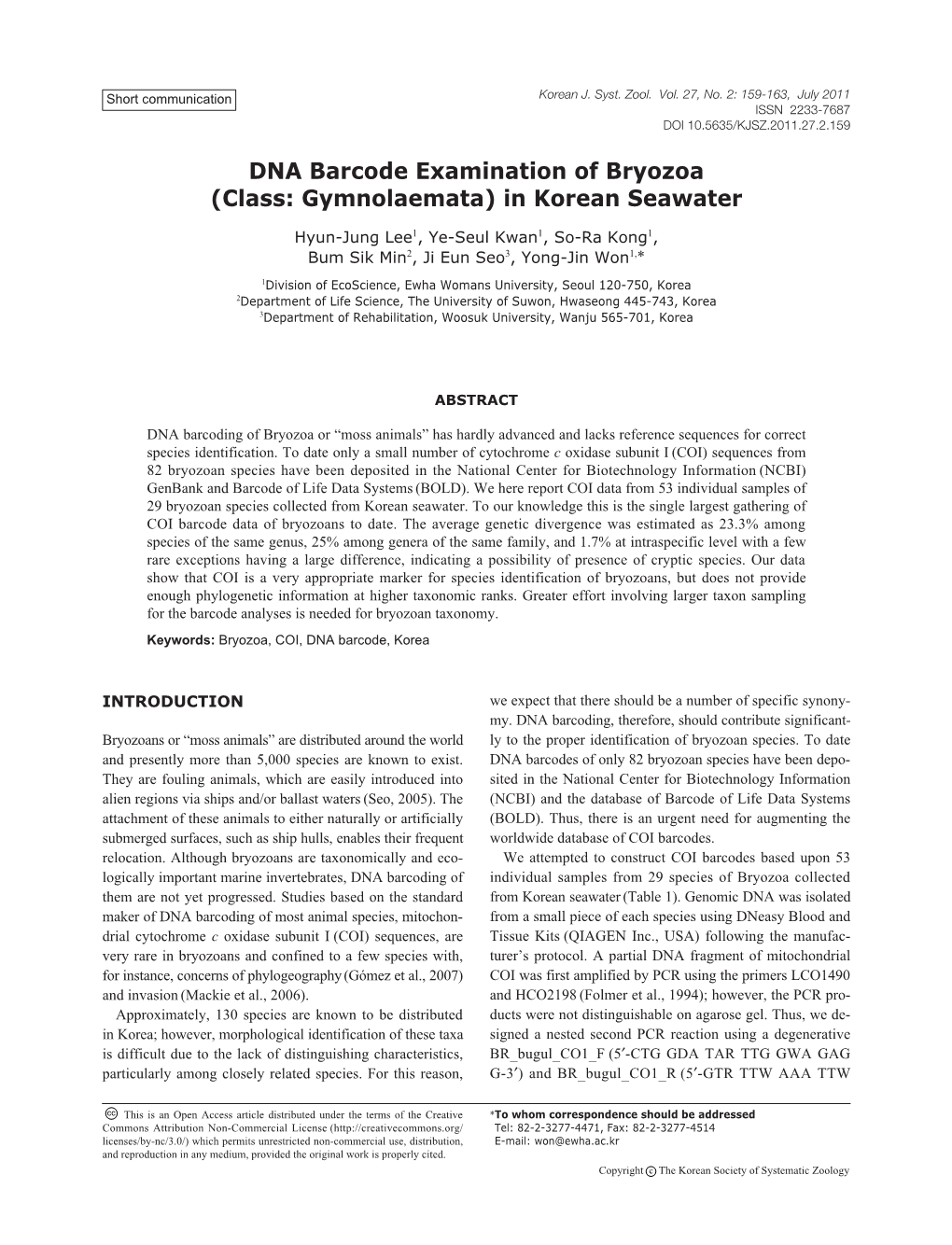 DNA Barcode Examination of Bryozoa (Class: Gymnolaemata) in Korean Seawater