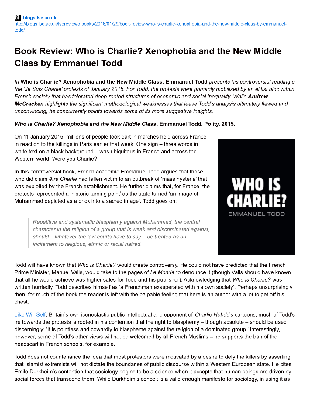 Book Review: Who Is Charlie? Xenophobia and the New Middle Class by Emmanuel Todd
