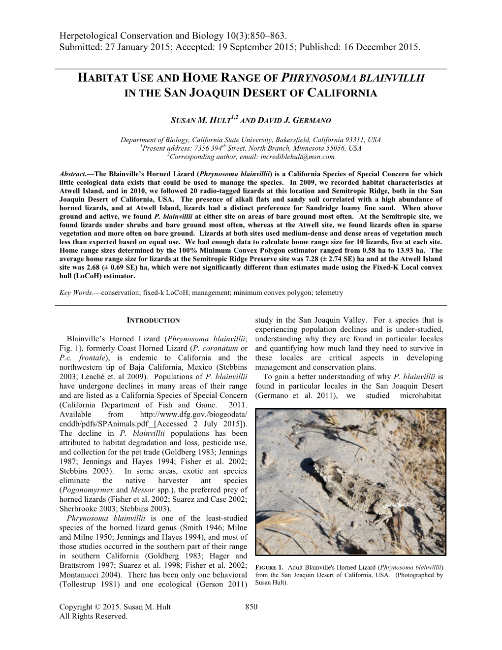 Habitat Use and Home Range of Phrynosoma Blainvillii in the San Joaquin Desert of California