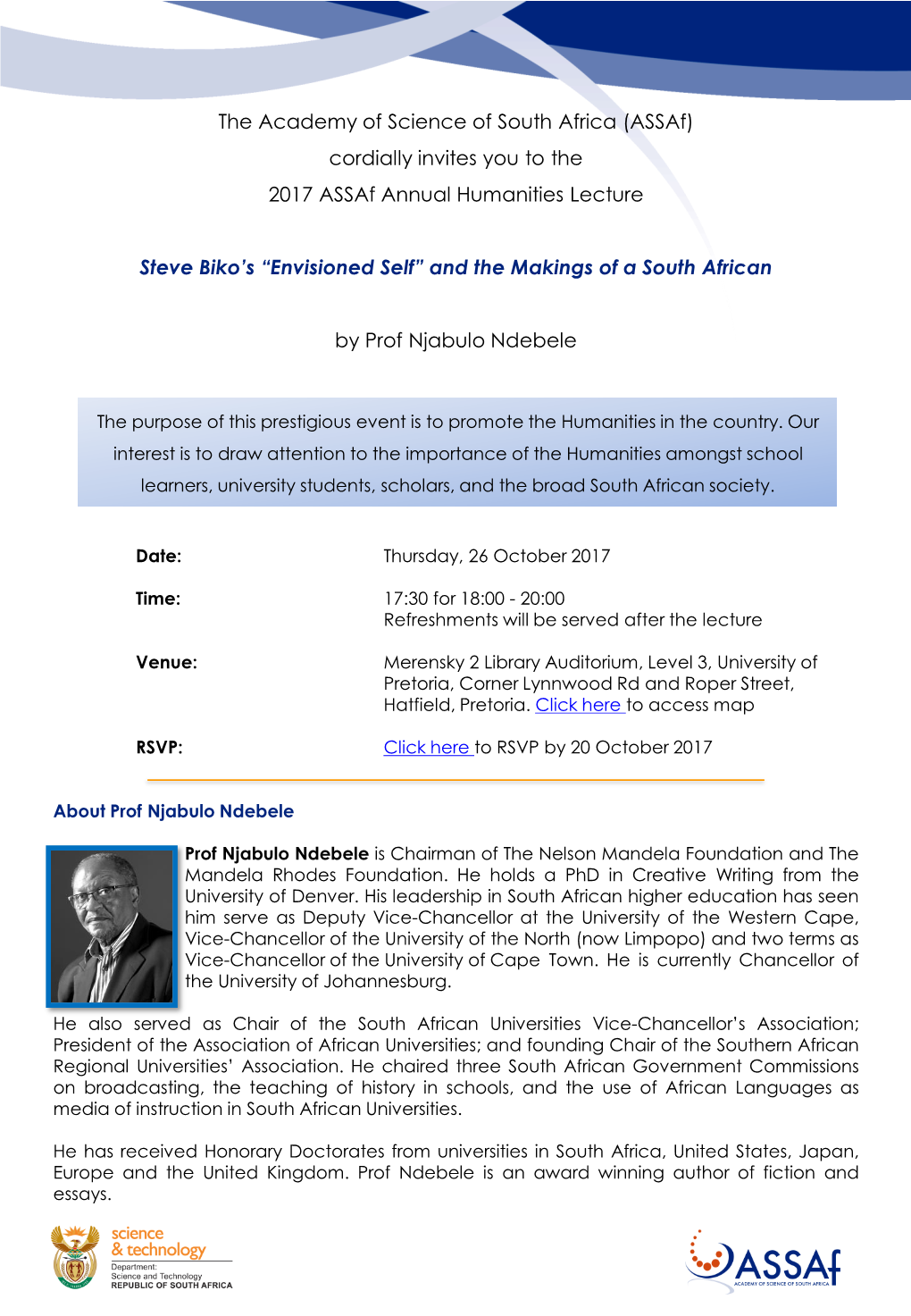 The Academy of Science of South Africa (Assaf) Cordially Invites You to the 2017 Assaf Annual Humanities Lecture