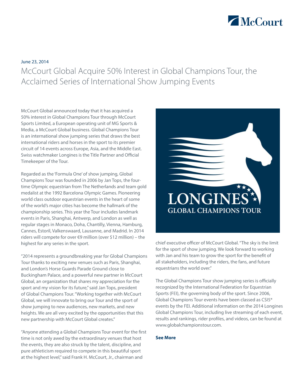 Mccourt Global Acquire 50% Interest in Global Champions Tour, the Acclaimed Series of International Show Jumping Events