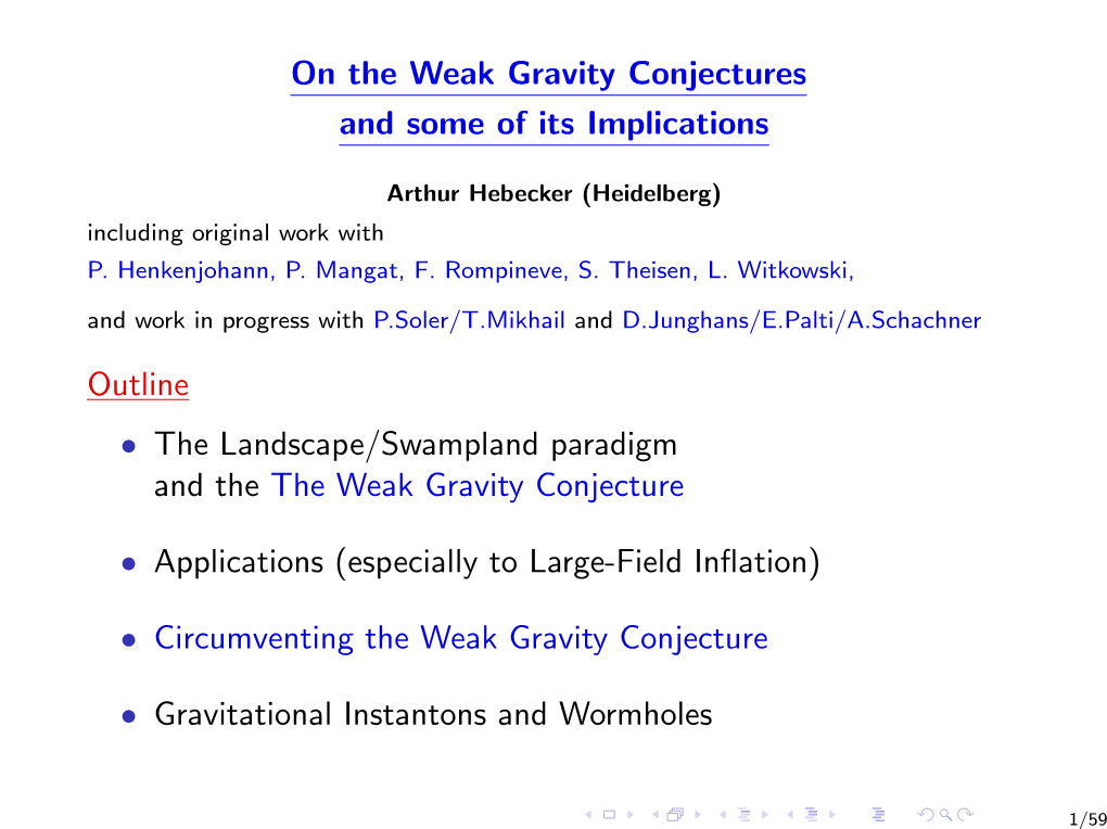 On the Weak Gravity Conjectures and Some of Its Implications Outline