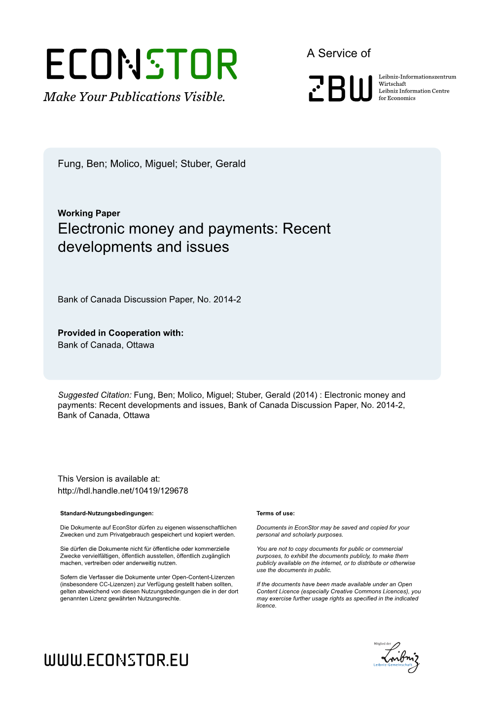 Electronic Money and Payments: Recent Developments and Issues