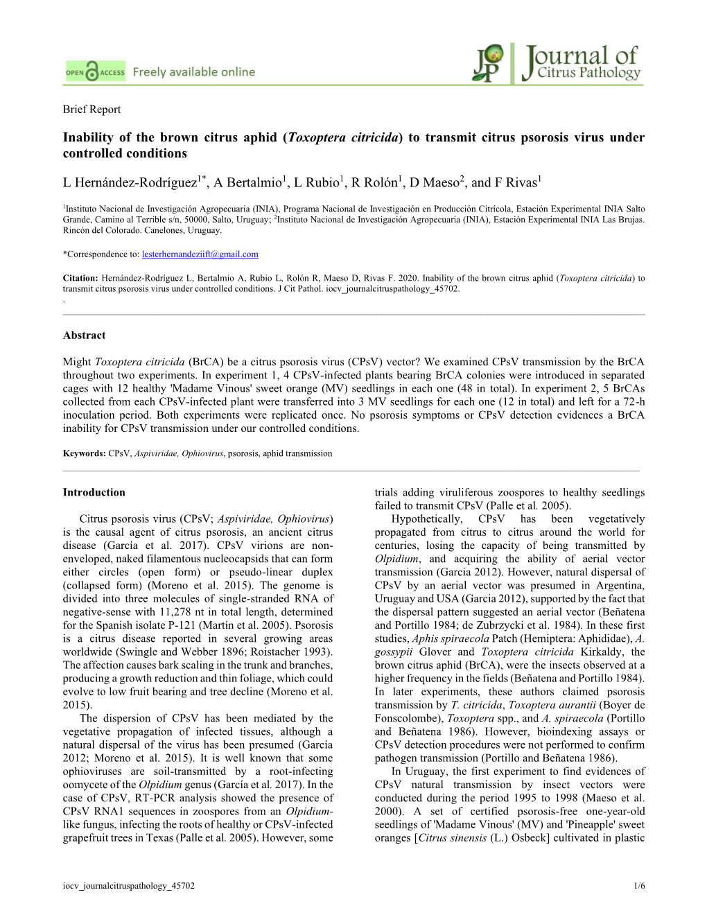 (Toxoptera Citricida) to Transmit Citrus Psorosis Virus Under Controlled Conditions