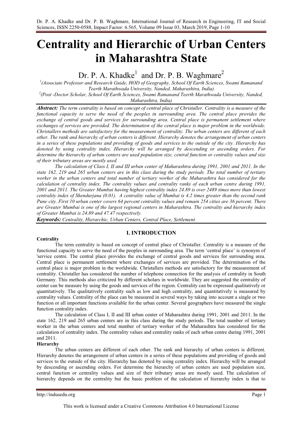 Dr. P. A. Khadke and Dr. P. B. Waghmare, International Journal Of