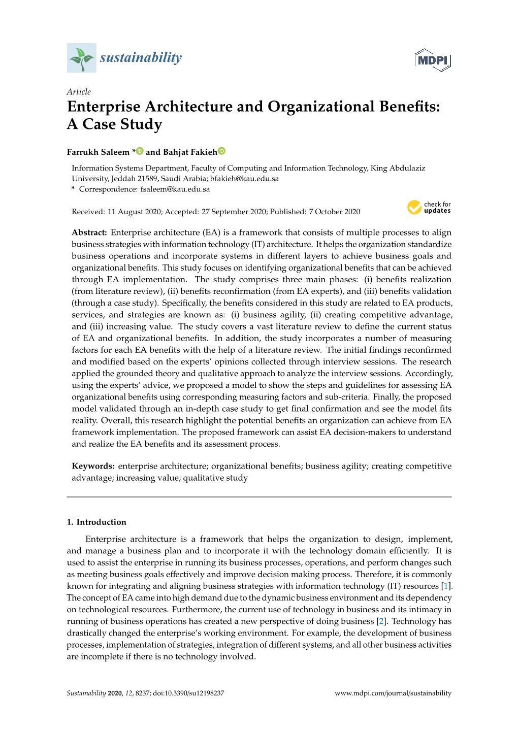 Enterprise Architecture and Organizational Benefits: a Case Study
