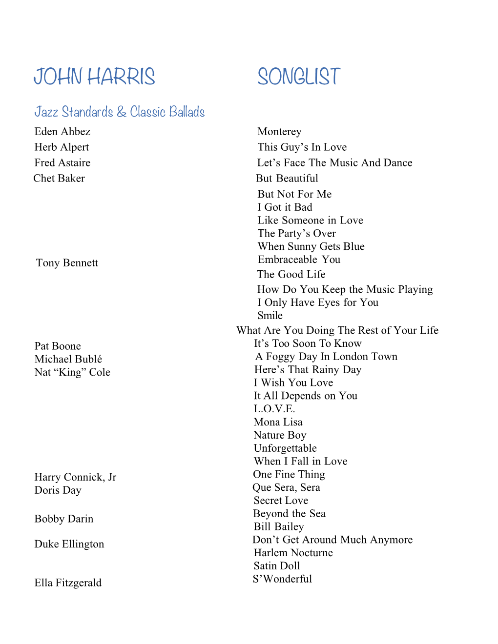 John Harris Songlist