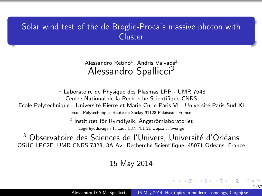 Solar Wind Test of the De Broglie-Proca's Massive Photon with Cluster