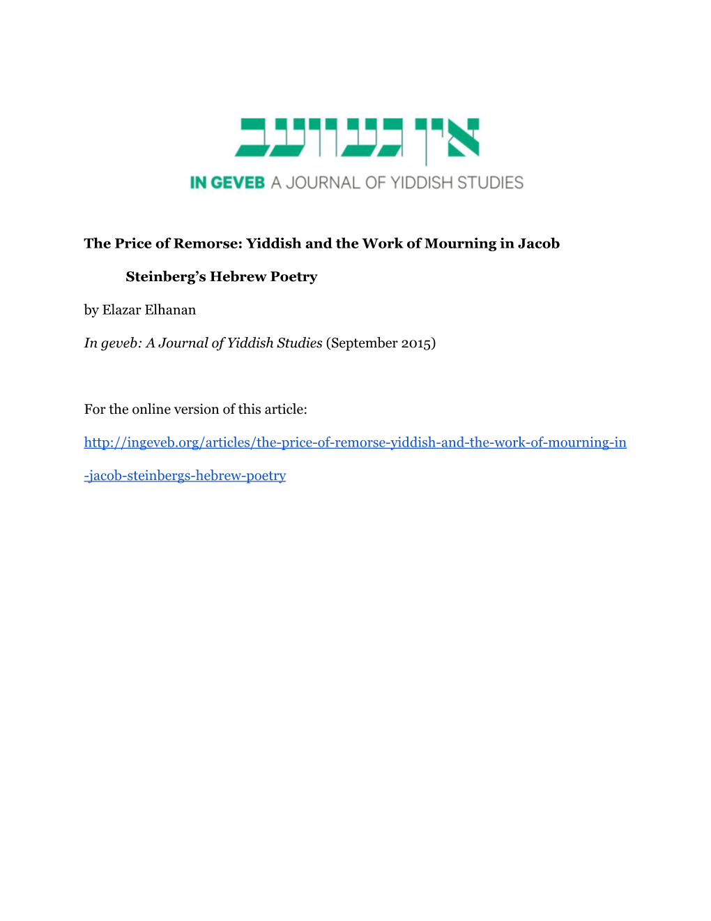 Yiddish and the Work of Mourning in Jacob Steinberg's Hebrew Poetry