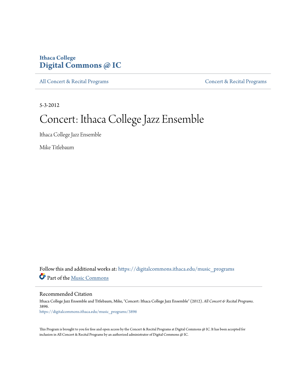 Concert: Ithaca College Jazz Ensemble Ithaca College Jazz Ensemble