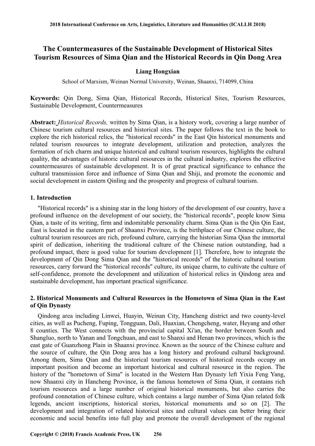 The Countermeasures of the Sustainable Development of Historical Sites Tourism Resources of Sima Qian and the Historical Records in Qin Dong Area