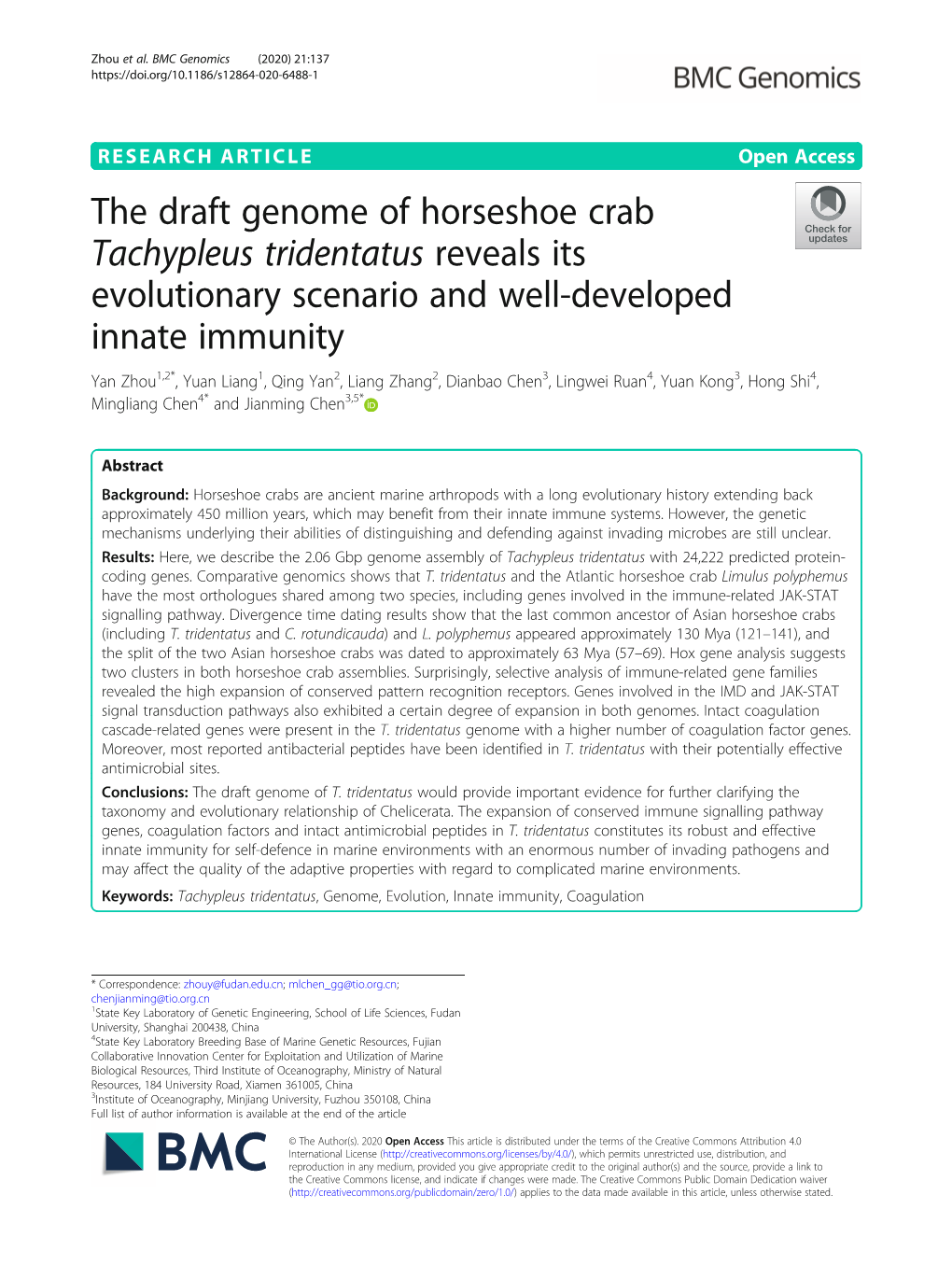 The Draft Genome of Horseshoe Crab Tachypleus Tridentatus Reveals Its