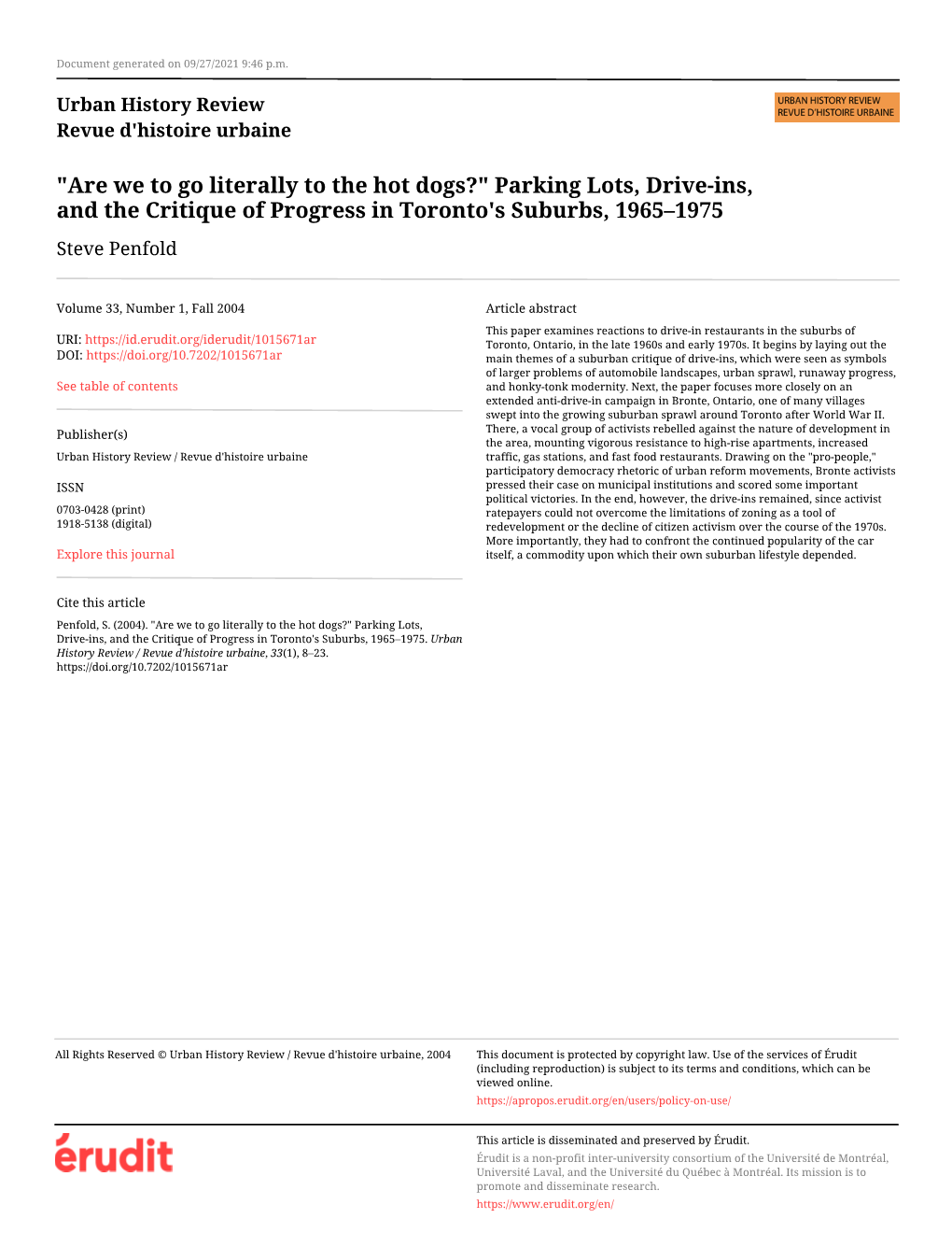 Parking Lots, Drive-Ins, and the Critique of Progress in Toronto's Suburbs, 1965–1975 Steve Penfold