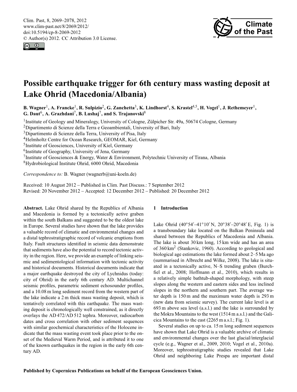 Possible Earthquake Trigger for 6Th Century Mass Wasting Deposit at Lake Ohrid (Macedonia/Albania)