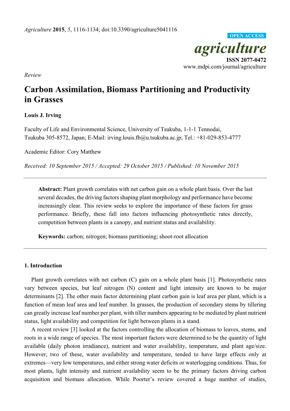 Carbon Assimilation, Biomass Partitioning and Productivity in Grasses