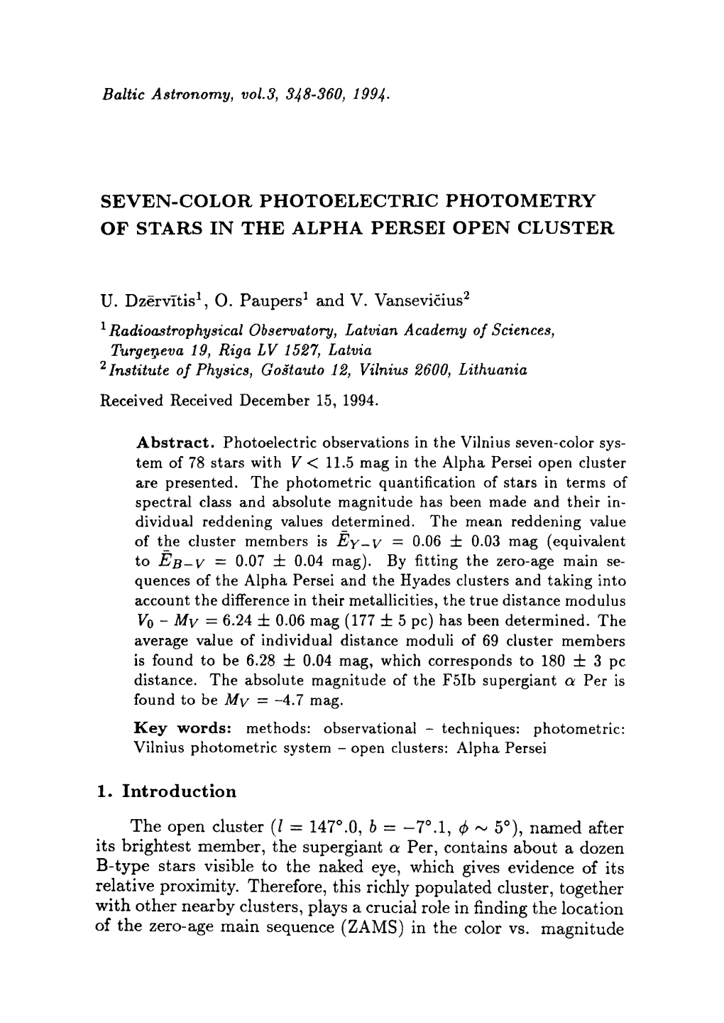 Seven-Color Photoelectric Photometry of Stars in the Alpha Persei Open Cluster