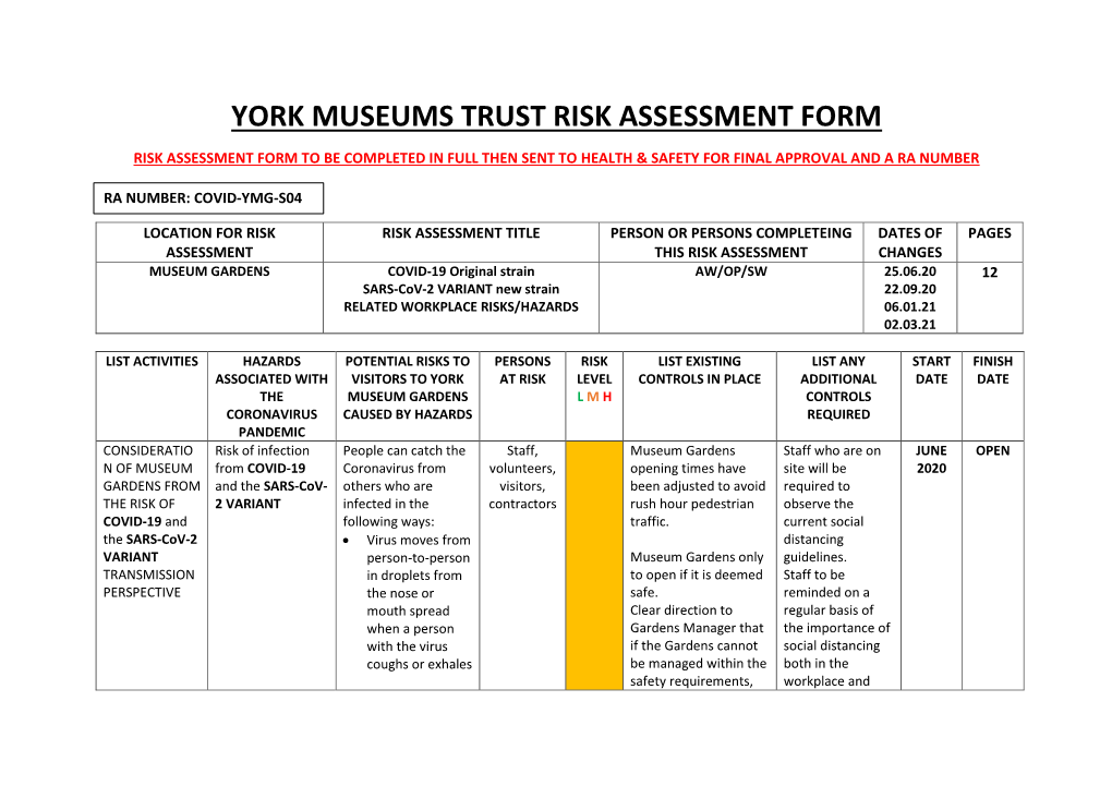 York Museums Trust Risk Assessment Form