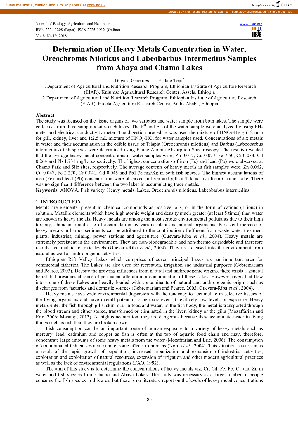 Determination of Heavy Metals Concentration in Water, Oreochromis Niloticus and Labeobarbus Intermedius Samples from Abaya and Chamo Lakes