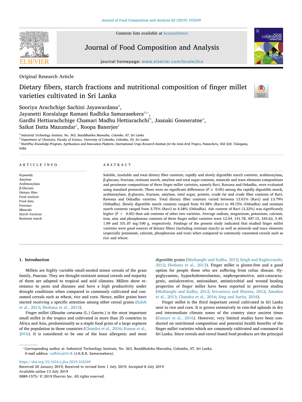 Dietary Fibers, Starch Fractions and Nutritional Composition of Finger Millet Varieties Cultivated in Sri Lanka