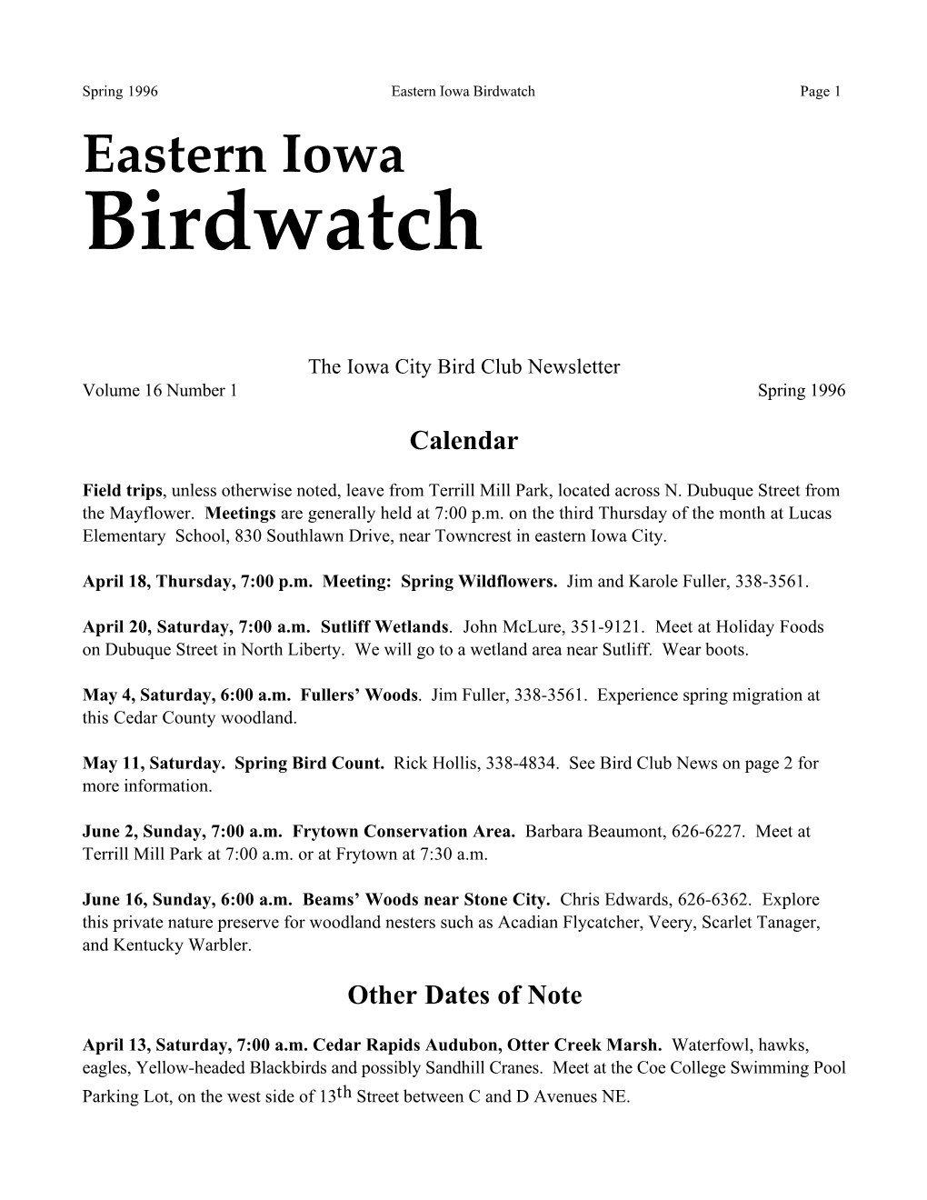 Birdwatch Page 1 Eastern Iowa Birdwatch