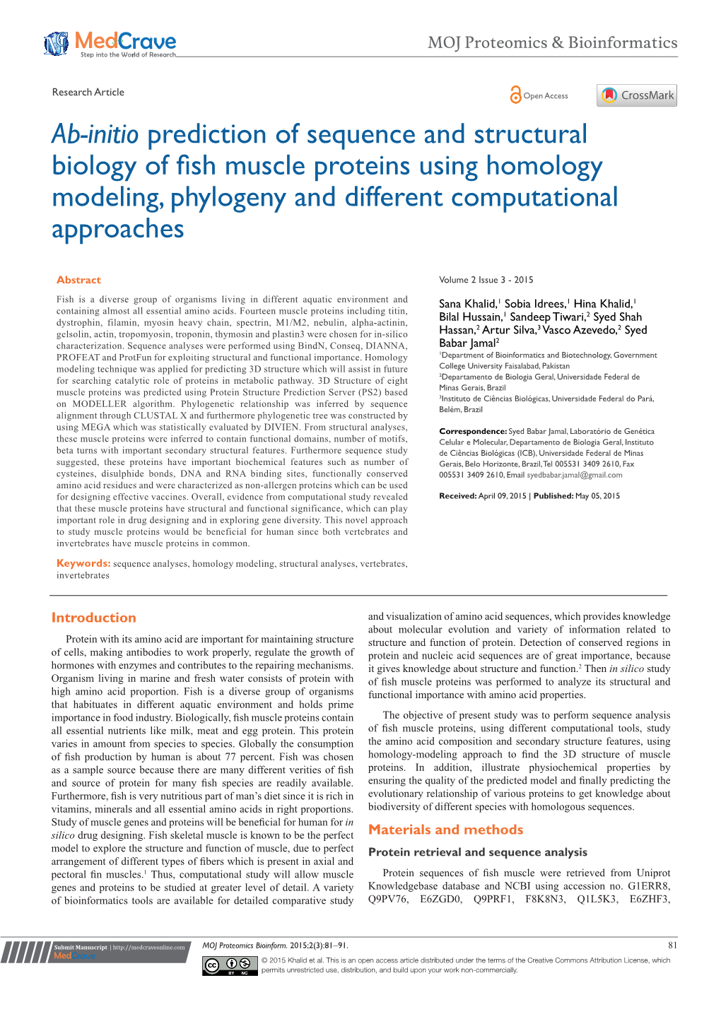 Ab-Initio Prediction of Sequence and Structural Biology of Fish Muscle Proteins Using Homology Modeling, Phylogeny and Different Computational Approaches