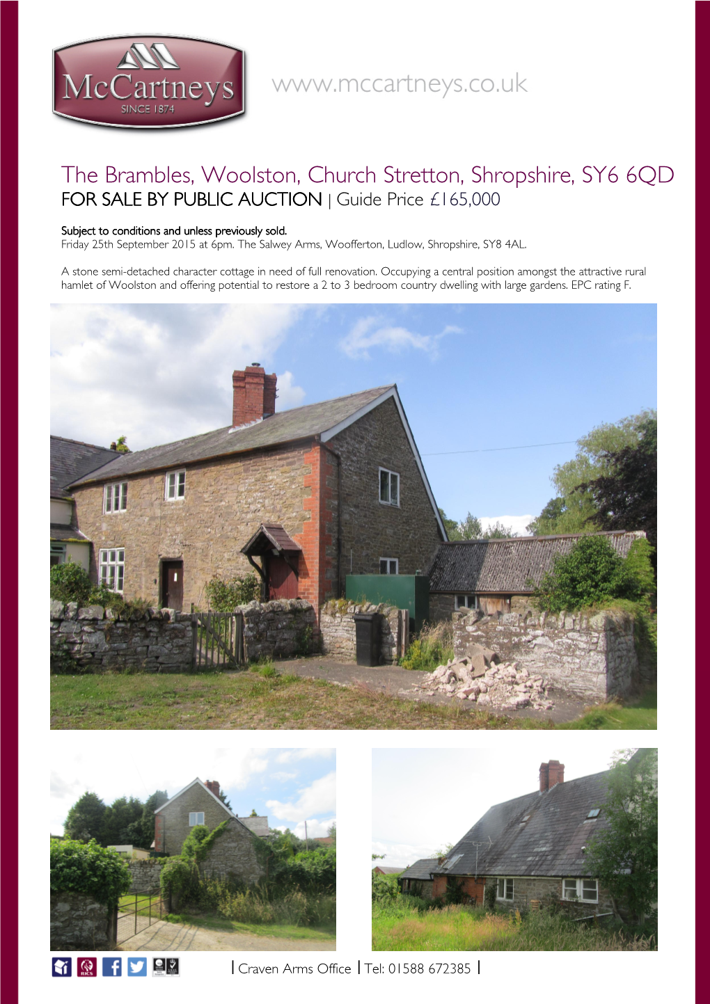 The Brambles, Woolston, Church Stretton, Shropshire, SY6 6QD for SALE by PUBLIC AUCTION | Guide Price £165,000