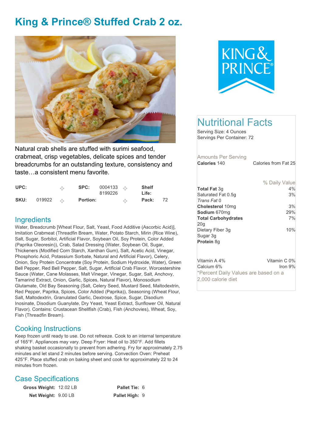 King & Prince® Stuffed Crab 2 Oz. Nutritional Facts