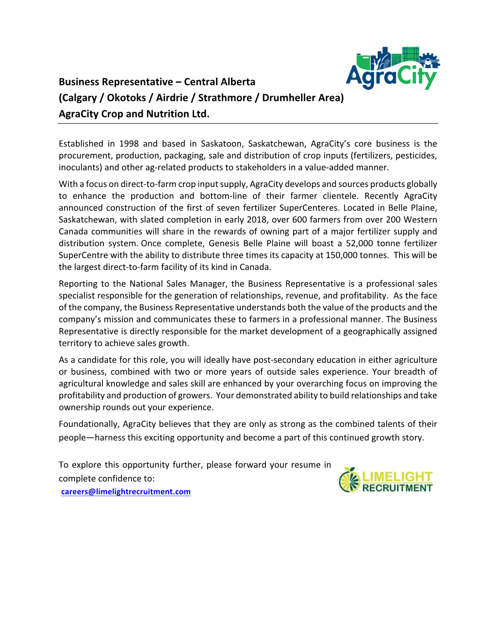 Business Representative – Central Alberta (Calgary / Okotoks / Airdrie / Strathmore / Drumheller Area) Agracity Crop and Nutrition Ltd