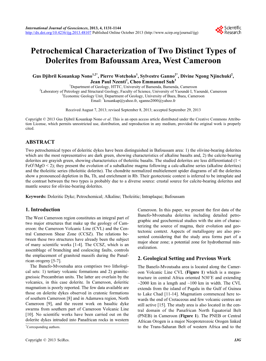 Petrochemical Characterization of Two Distinct Types of Dolerites from Bafoussam Area, West Cameroon