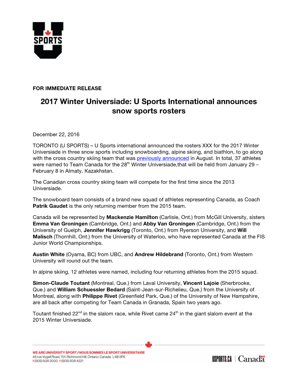 2017 Winter Universiade: U Sports International Announces Snow Sports Rosters