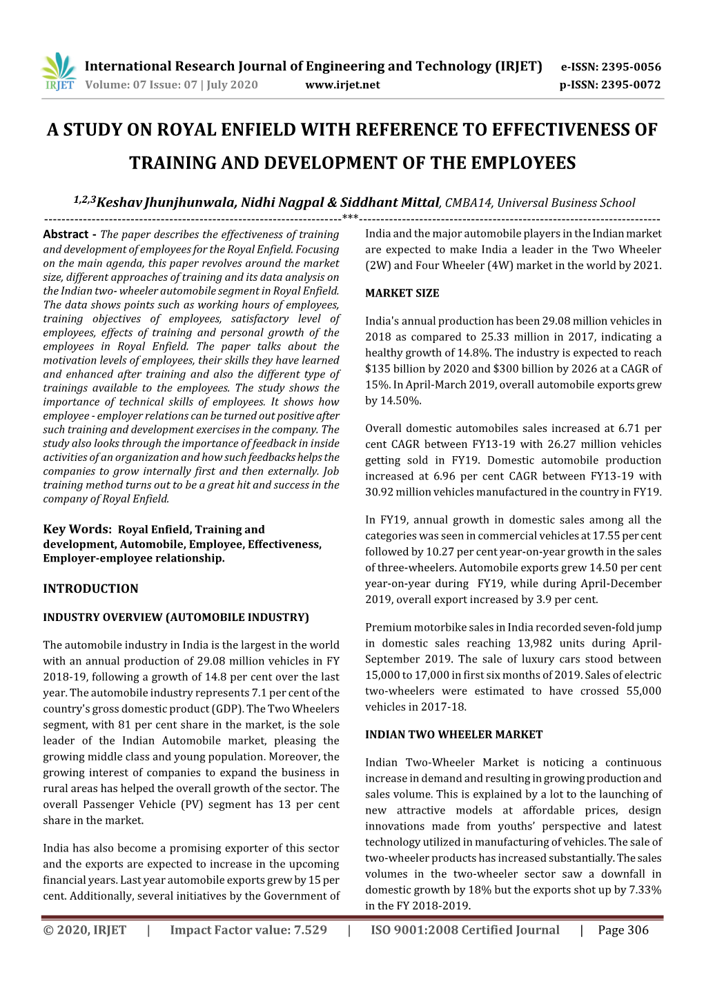 A Study on Royal Enfield with Reference to Effectiveness of Training and Development of the Employees