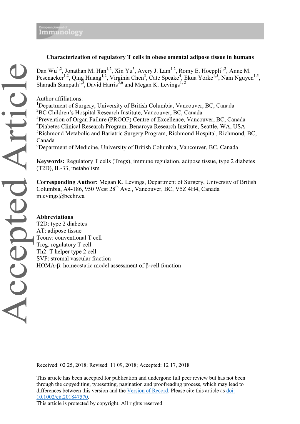 Characterization of Regulatory T Cells in Obese Omental Adipose Tissue in Humans