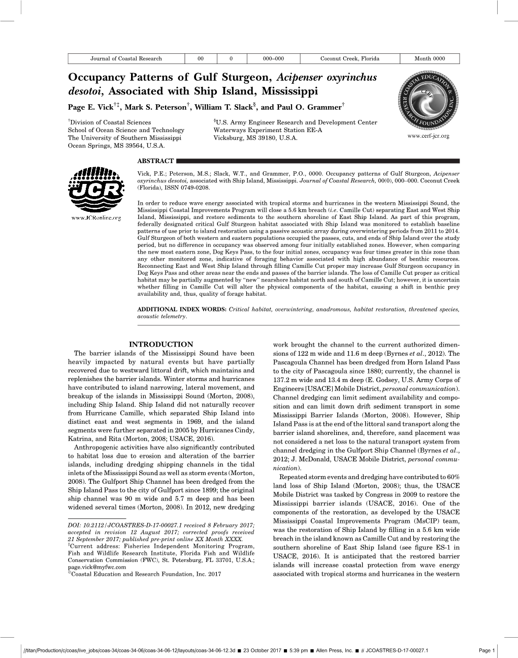 Occupancy Patterns of Gulf Sturgeon, Acipenser Oxyrinchus Desotoi, Associated with Ship Island, Mississippi