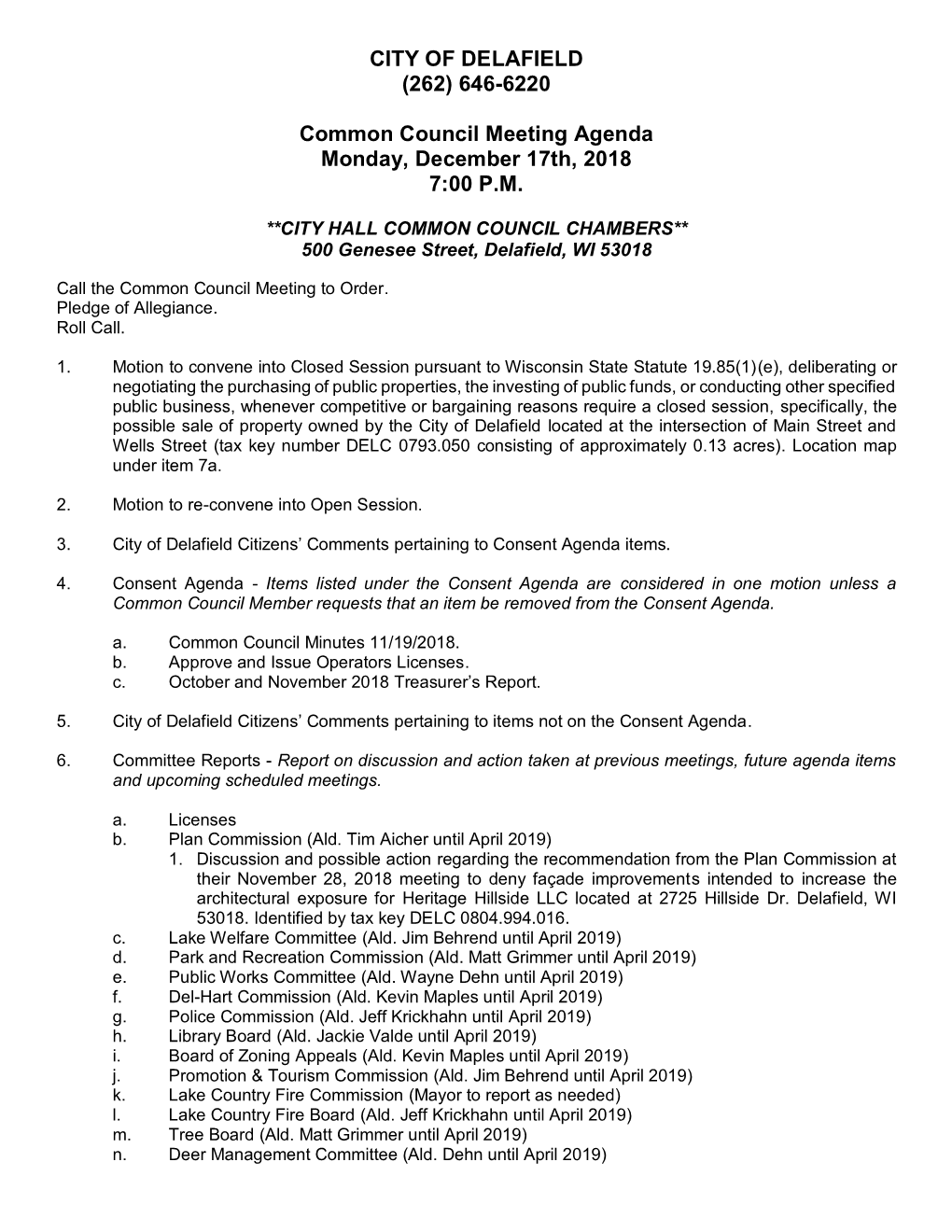 CITY of DELAFIELD (262) 646-6220 Common Council Meeting Agenda