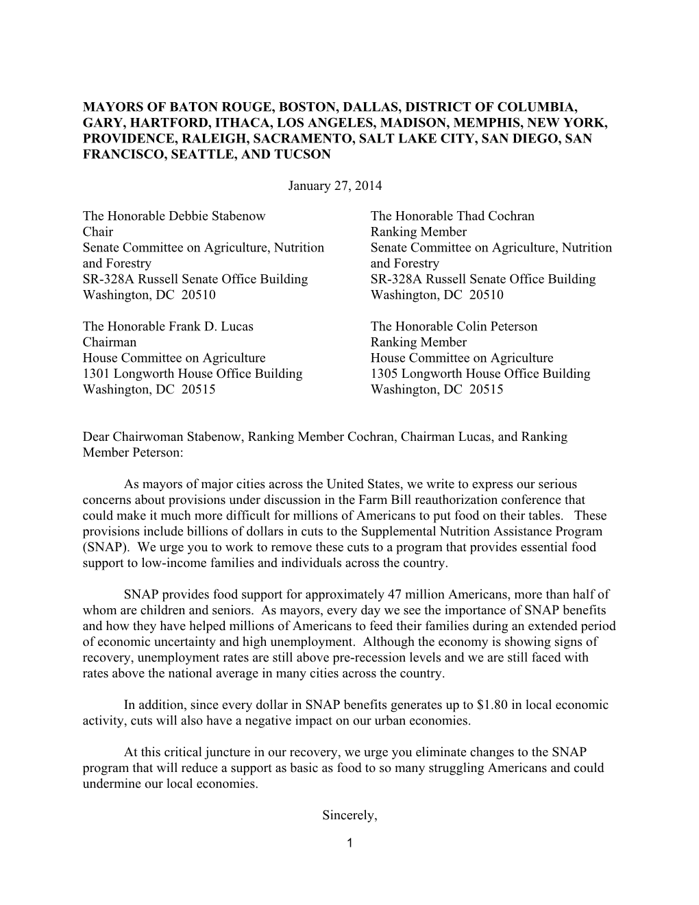 Letter from 19 Mayors Outlining the Importance of SNAP for Their
