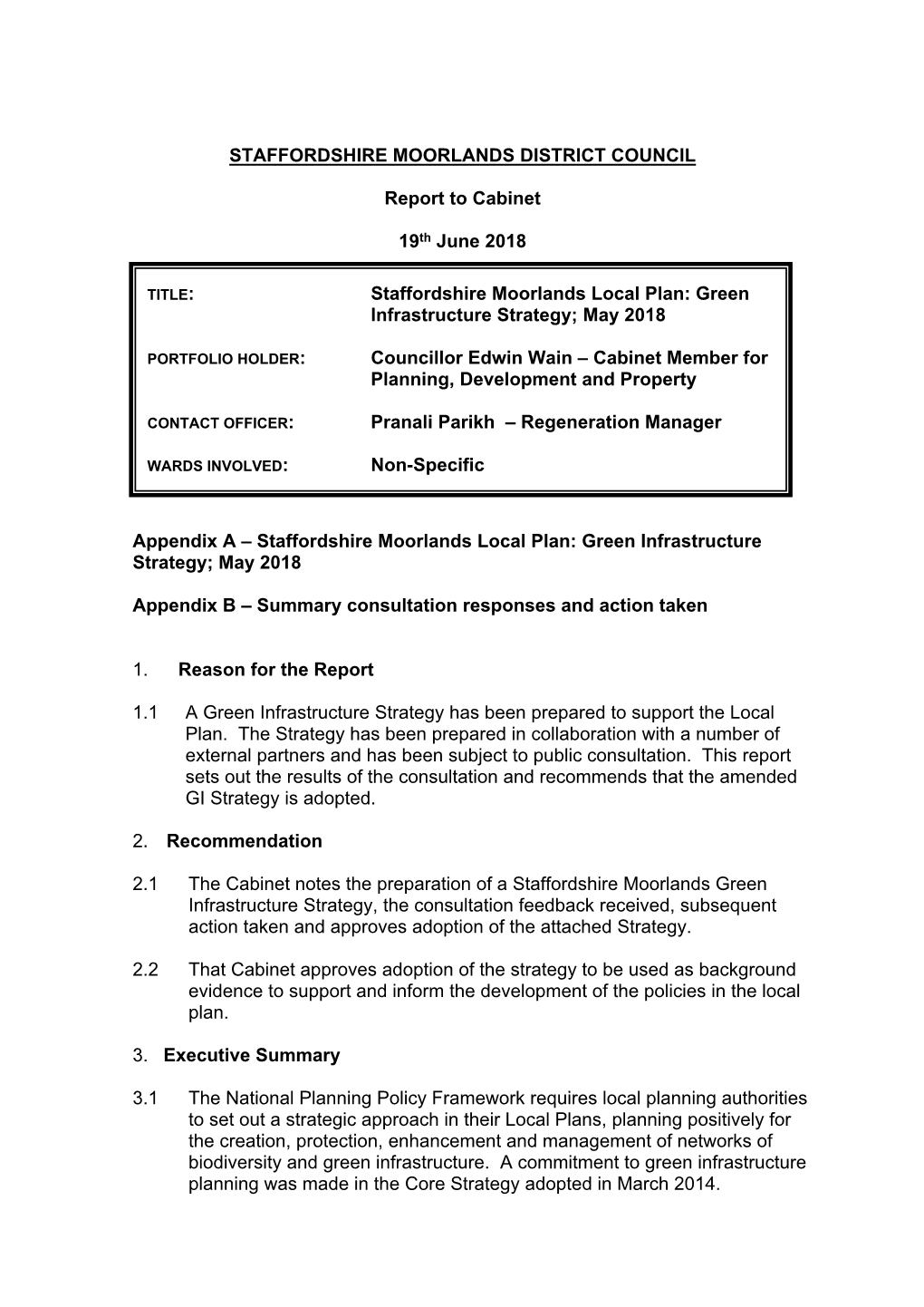 Staffordshire Moorlands Local Plan: Green Infrastructure Strategy; May 2018