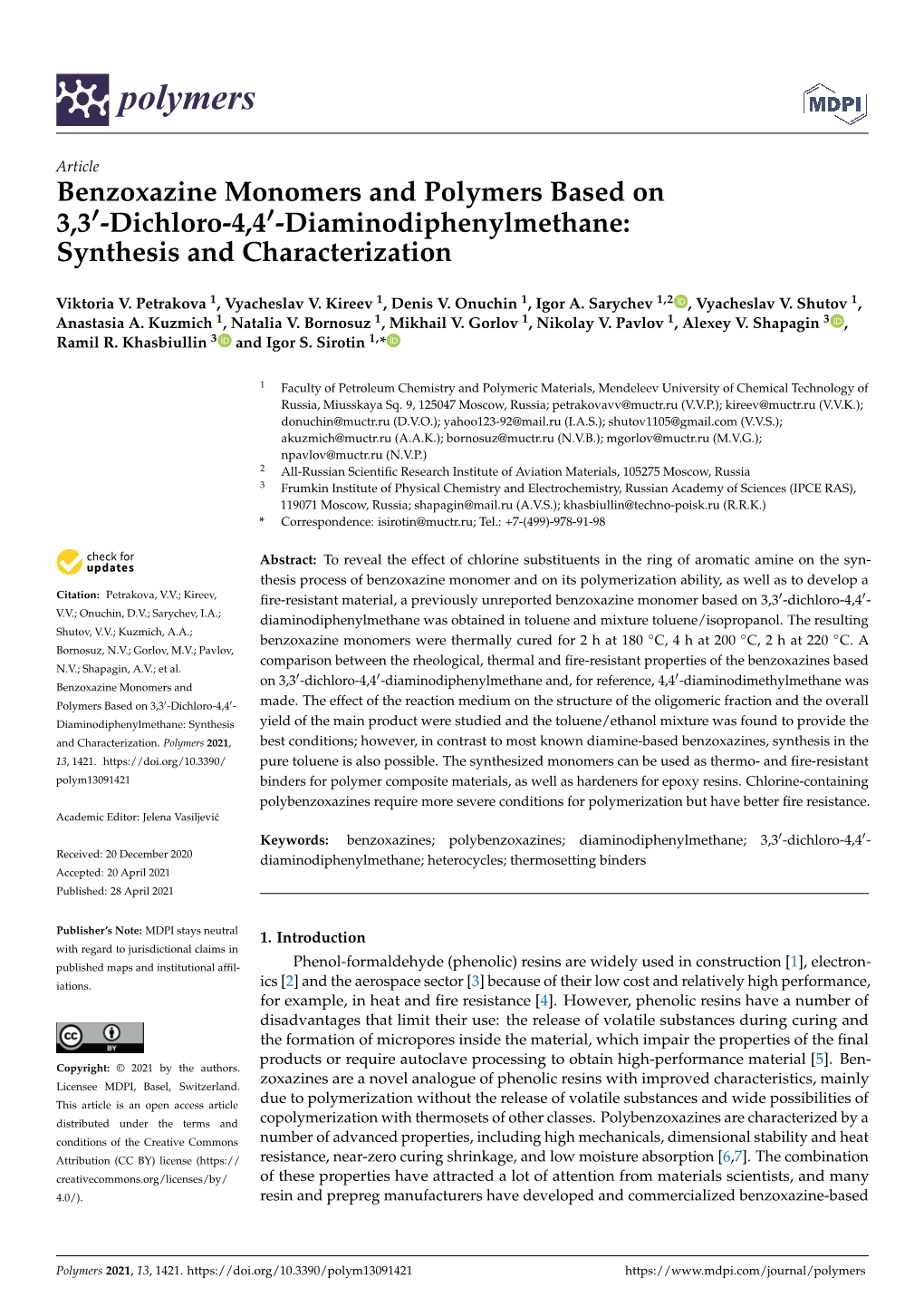 Benzoxazine Monomers and Polymers Based on 3,30-Dichloro-4,40-Diaminodiphenylmethane: Synthesis and Characterization