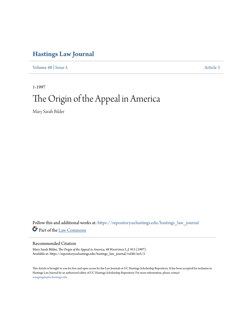 The Origin of the Appeal in America Mary Sarah Bilder