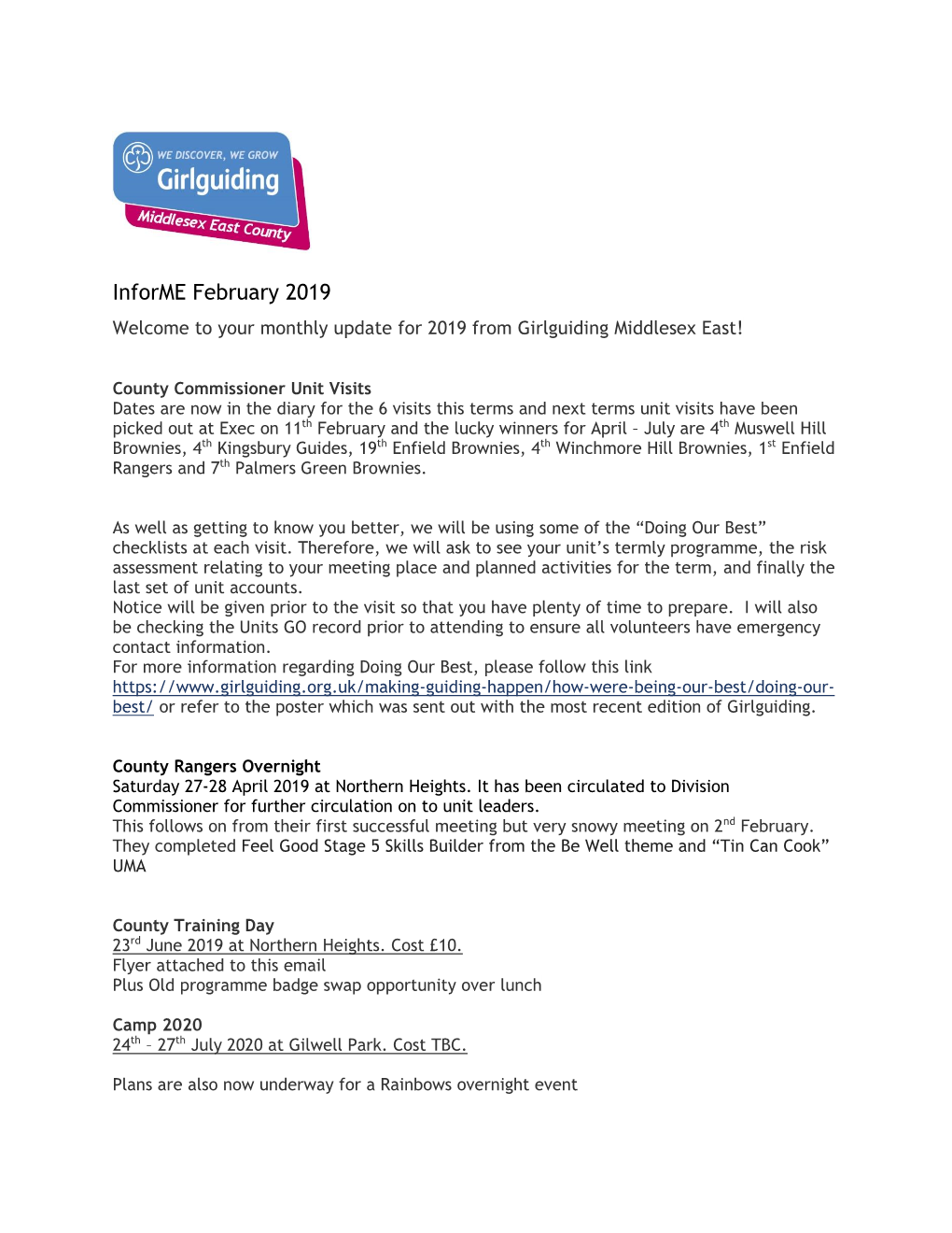 Informe February 2019 Welcome to Your Monthly Update for 2019 from Girlguiding Middlesex East!