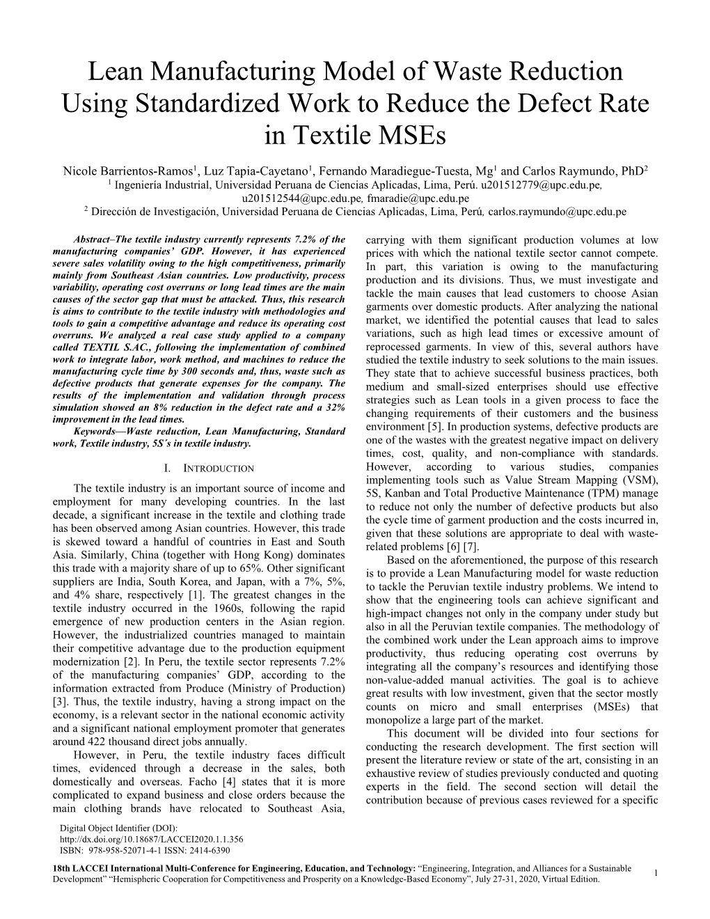 Lean Manufacturing Model of Waste Reduction Using Standardized Work to Reduce the Defect Rate in Textile Mses