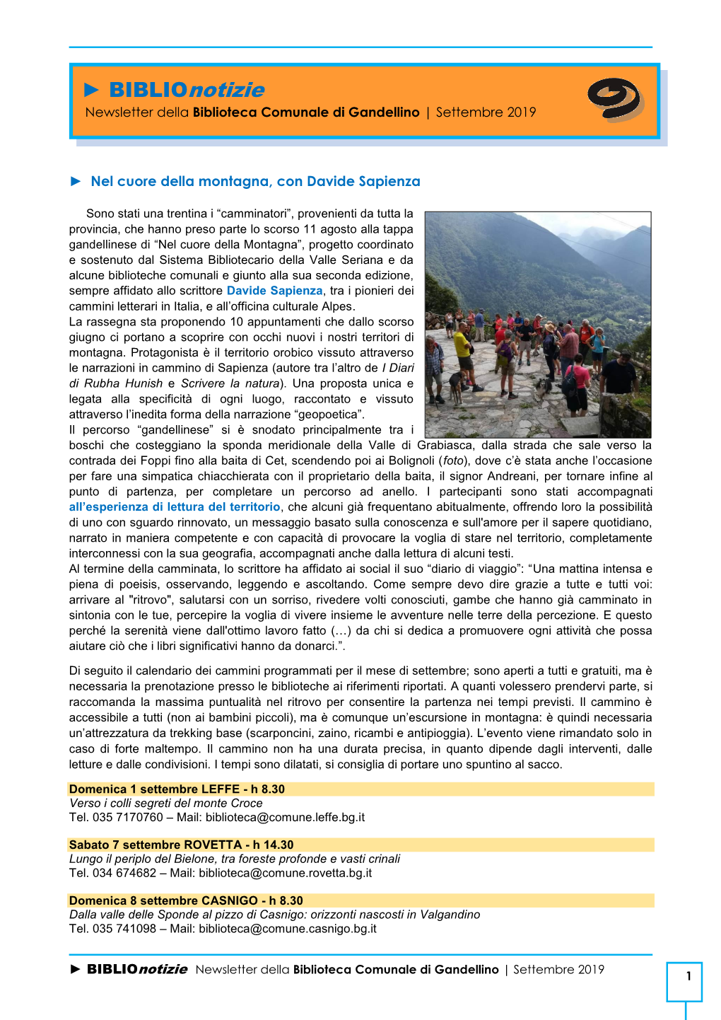 Biblionotizie Newsletter Della Biblioteca Comunale Di Gandellino | Settembre 2019