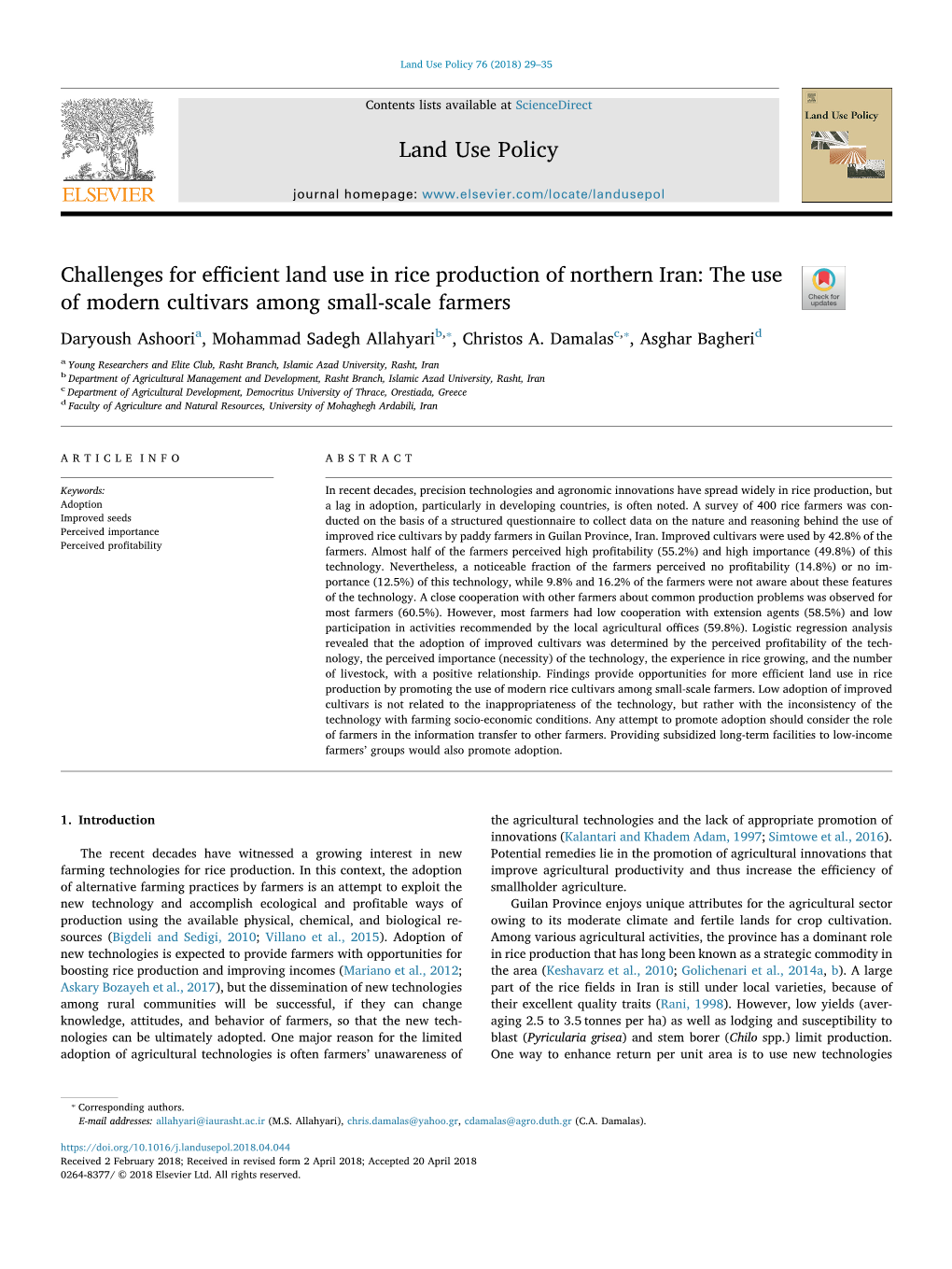 Challenges for Efficient Land Use in Rice Production of Northern Iran: The